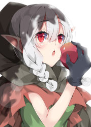 Rule 34 | 1girl, apple, black gloves, blush, braid, cape, chestnut mouth, commentary request, dragon&#039;s crown, elf, elf (dragon&#039;s crown), food, fruit, gloves, green shirt, grey cape, hair between eyes, hand up, highres, holding, holding food, hood, hood down, hooded cape, long hair, looking away, low twintails, milkpanda, open mouth, pointy ears, red apple, red eyes, shirt, silver hair, simple background, sleeveless, sleeveless shirt, solo, twin braids, twintails, white background