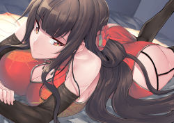 Rule 34 | 1girl, ass, bare shoulders, black thighhighs, blunt bangs, blush, breasts, brown hair, china dress, chinese clothes, chung cthemax, cleavage, cleavage cutout, clothing cutout, detached sleeves, dress, dsr-50 (girls&#039; frontline), dsr-50 (red peony) (girls&#039; frontline), feet up, flower, garter straps, girls&#039; frontline, hair flower, hair ornament, highres, large breasts, long hair, looking at viewer, lying, official alternate costume, on stomach, red dress, red eyes, red flower, sidelocks, smile, solo, thighhighs, thighs, very long hair