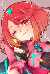 Rule 34 | 1girl, black gloves, breasts, chest jewel, earrings, fingerless gloves, gem, gloves, headpiece, highres, jewelry, large breasts, one eye closed, pyra (xenoblade), red eyes, red hair, short hair, smile, solo, swept bangs, tiara, xenoblade chronicles (series), xenoblade chronicles 2, yuzuma (321353)
