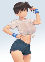 Rule 34 | 1girl, black shorts, blush, breasts, brown eyes, brown hair, closed mouth, cowboy shot, gradient background, hair between eyes, highres, kaga (kancolle), kantai collection, large breasts, long hair, navel, see-through, see-through shirt, shirt, short sleeves, shorts, side ponytail, solo, wa (genryusui), wet, wet clothes, wet shirt, white shirt