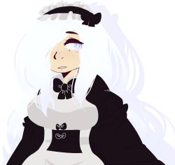 Rule 34 | 1girl, blue eyes, bow, cardigan, colored shadow, frills, gradient hair, hair over one eye, looking to the side, maid, maid headdress, md5 mismatch, multicolored hair, original, resized, shadow, transparent background, upscaled, white hair
