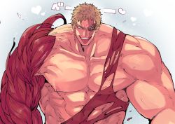 Rule 34 | 1boy, abs, bara, blonde hair, boku no hero academia, collarbone, large pectorals, looking at viewer, male focus, muscular, muscular (boku no hero academia), muscular male, nipples, nude, pectorals, scar, scar across eye, scar on face, short hair, sideburns, solo, stomach, tongue, tongue out, upper body, yazaki (yazakc)