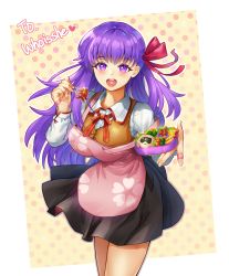 Rule 34 | 1girl, absurdres, apron, bandaid, bento, black skirt, breasts, brown vest, chopsticks, commentary, fate/stay night, fate (series), floral print, food, hair ribbon, heart, heart print, highres, holding, holding chopsticks, laon, long hair, long sleeves, looking at viewer, matou sakura, open mouth, pink apron, purple eyes, purple hair, red ribbon, ribbon, shirt, skirt, smile, solo, vest, white shirt