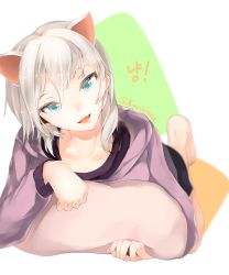 Rule 34 | 10s, 1girl, absurdres, anastasia (idolmaster), animal ears, bad id, bad pixiv id, blue eyes, blurry, breasts, cat ears, depth of field, fang, highres, hplay, idolmaster, idolmaster cinderella girls, looking at viewer, open mouth, short hair, silver hair, smile, solo