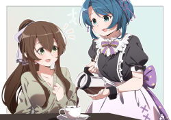 Rule 34 | 2girls, :d, aizawa kazuha, alternate costume, apron, aqua background, aqua eyes, assault lily, back bow, black shirt, blouse, blue hair, blush, border, bow, breasts, brown hair, buttons, cleavage, coffee, coffee pot, collarbone, commentary request, commission, cosplay, cup, enmaided, frilled apron, frilled shirt collar, frills, gradient background, green eyes, green sweater, grey bow, hair between eyes, hair bow, hair ornament, hair ribbon, hand up, hands up, highres, holding, holding pot, large breasts, long hair, long sleeves, looking at another, looking away, looking down, maid, miriam hildegard von gropius, miriam hildegard von gropius (cosplay), multiple girls, musihara, napkin, neck ribbon, notice lines, open mouth, outline, outside border, ponytail, pot, pouring, print bow, puffy short sleeves, puffy sleeves, purple bow, purple ribbon, ribbon, saucer, serizawa chikaru, shirt, short hair, short sleeves, sidelocks, sitting, skeb commission, sleeves past wrists, smile, spoon, star (symbol), star print, sweater, swept bangs, table, teacup, white apron, white border, white outline, wrist cuffs, x hair ornament