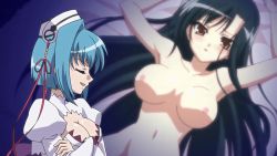 Rule 34 | 00s, 2girls, animated, animated gif, aqua hair, armpits, arms up, bed, black hair, blush, bouncing breasts, breasts, chouun, clenched teeth, imagining, implied sex, kan&#039;u (koihime musou), koihime musou, large breasts, long hair, lying, multiple girls, navel, nipples, nude, sexually suggestive, short hair, smile, submission, teeth