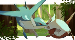 Rule 34 | claws, closed mouth, commentary request, creatures (company), day, closed eyes, forest, game freak, gen 3 pokemon, grass, highres, latias, latios, legendary pokemon, letterboxed, mikan-pasta, nature, nintendo, no humans, open mouth, outdoors, pokemon, pokemon (creature), red eyes, smile, tree