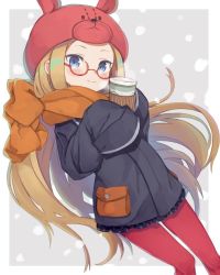 Rule 34 | 1girl, abigail williams (fate), alternate costume, animal hat, bespectacled, black jacket, black skirt, blonde hair, blue eyes, blush, closed mouth, commentary request, cup, disposable cup, enpera, fate/grand order, fate (series), glasses, hands up, hat, holding, holding cup, jacket, long hair, long sleeves, looking at viewer, miniskirt, orange scarf, pantyhose, pleated skirt, polka dot, polka dot skirt, pouch, rabbit hat, red-framed eyewear, red hat, red pantyhose, scarf, sidelocks, skirt, sleeves past fingers, sleeves past wrists, smile, solo, steam, totatokeke, very long hair