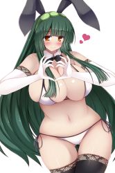 Rule 34 | 1girl, bare shoulders, bikini, black thighhighs, blush, breasts, bursting breasts, cleavage, curvy, elbow gloves, female focus, gloves, green hair, heart, heart-shaped pupils, heart hands, highres, huge breasts, lace, lace-trimmed legwear, lace trim, long hair, looking at viewer, navel, orange eyes, plump, simple background, smile, solo, standing, swimsuit, symbol-shaped pupils, thighhighs, touhoku zunko, very long hair, vocaloid, voiceroid, white background, white bikini, white gloves, wide hips, yellow eyes, yuzumiya mono