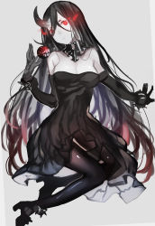 Rule 34 | 10s, 1girl, abyssal ship, battleship water oni, black dress, black hair, boots, breasts, cleavage, collar, colored skin, crossed bangs, dress, elbow gloves, gloves, glowing, glowing eyes, hair between eyes, high heel boots, high heels, horns, kantai collection, long hair, pantyhose, red eyes, single horn, solo, strapless, strapless dress, very long hair, white skin, wrist cuffs, xiaoshou xiansheng