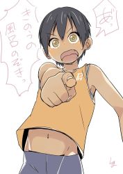Rule 34 | 1girl, black hair, brown eyes, child, dark skin, dark-skinned female, fang, female focus, foreshortening, looking at viewer, navel, open mouth, original, pointing, satsuyo, short hair, simple background, solo, tomboy, white background
