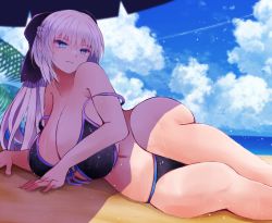 Rule 34 | 1girl, arano oki, bare shoulders, bikini, black bow, blue eyes, blush, bow, braid, breasts, cleavage, fate/grand order, fate (series), french braid, huge breasts, long hair, looking at viewer, morgan le fay (fate), navel, off shoulder, ponytail, solo, strap slip, swimsuit, thighs, white hair