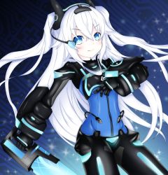 Rule 34 | 1girl, absurdres, armor, black heart (neptunia), blue eyes, bodysuit, breasts, gauntlets, hair between eyes, hair ornament, headgear, highres, holding, holding weapon, long hair, looking at viewer, neptune (series), next black, noire (neptunia), power symbol, scouter, small breasts, solo, sword, symbol-shaped pupils, twintails, two side up, very long hair, visor, weapon, white hair, wings