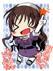 Rule 34 | &gt; &lt;, 10s, 1girl, 8997744, :d, > <, ashigara (kancolle), blush stickers, brown hair, checkered background, chibi, closed eyes, hairband, hinamiya (hnmy46), kantai collection, long hair, looking at viewer, open mouth, pantyhose, pointing, pointing up, smile, solo, translation request, twitter username, xd