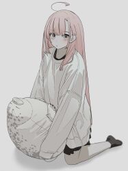 Rule 34 | 1girl, :o, absurdres, ahoge, black skirt, black socks, blush, dot nose, feet, full body, hair behind ear, highres, holding, holding pillow, invisible floor, kneeling, legs, long sleeves, looking at viewer, luvluvvox, open mouth, original, oversized clothes, pillow, pink eyes, pink hair, pleated skirt, seal (animal), simple background, skirt, socks, solo, sweater, swept bangs, white background, white sweater
