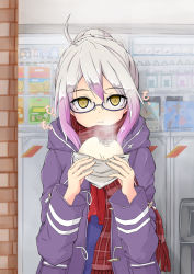 Rule 34 | 1girl, :i, ahoge, artoria pendragon (all), artoria pendragon (fate), baozi, blush, braid, brick wall, closed mouth, coat, day, eating, fate/grand order, fate (series), food, glasses, gradient hair, grey hair, hair between eyes, highres, holding, holding food, hood, hooded coat, looking at viewer, multicolored hair, mysterious heroine x alter (fate), mysterious heroine x alter (first ascension) (fate), open clothes, open coat, outdoors, plaid, plaid scarf, purple coat, purple hair, red scarf, saber (fate), scarf, semi-rimless eyewear, solo, steam, two-tone hair, under-rim eyewear, wavy mouth, yamamoto rintarou, yellow eyes