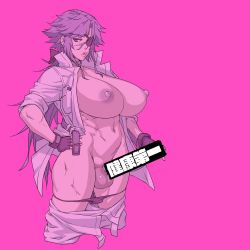 Rule 34 | 1futa, breasts, censored, censored by text, clothes pull, eyepatch, futanari, hand on own hip, hataraku saibou, hataraku saibou black, large breasts, large testicles, mikoyan, nipples, panties, pants, pants pull, panty pull, penis grab, solo, testicles, underwear, white blood cell captain, white hair