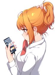 Rule 34 | 1girl, bad id, bad pixiv id, brown eyes, bunching hair, cable, cellphone, collared shirt, highres, holding, holding hair, holding phone, long sleeves, mouth hold, narynn, narynn (character), orange hair, original, phone, ponytail, red ribbon, ribbon, ribbon in mouth, shirt, sidelocks, smartphone, solo, upper body, white background, white shirt