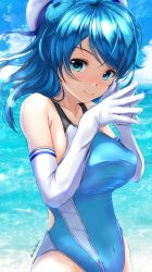 Rule 34 | 1girl, beach, blue eyes, blue hair, blue one-piece swimsuit, blue sky, blue theme, breasts, cloud, cloudy sky, collarbone, competition swimsuit, covered erect nipples, covered navel, day, double bun, elbow gloves, fingers together, garter-velvet, gloves, hair bun, hat, highres, kantai collection, large breasts, looking at viewer, ocean, one-piece swimsuit, outdoors, sailor hat, sky, smile, solo, standing, swimsuit, twitter username, two-tone swimsuit, urakaze (kancolle), water, white gloves, white hat, white one-piece swimsuit