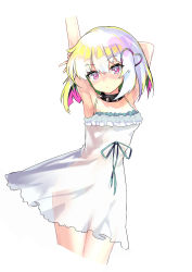 Rule 34 | 1girl, arm behind head, armpits, arms up, bare shoulders, black collar, blush, breasts, closed mouth, collar, commentary request, copyright request, cropped legs, dohna dohna issho ni warui koto o shiyou, dress, female focus, green hair, green ribbon, hair between eyes, hair ornament, heart, heart hair ornament, highres, looking at viewer, multicolored hair, no panties, nose blush, pink hair, porno (dohna dohna), red eyes, ribbon, see-through, shionji ax, silver hair, simple background, sleeveless, sleeveless dress, small breasts, solo, spiked collar, spikes, two-tone hair, white background, white dress