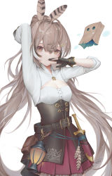 Rule 34 | 1girl, arm behind head, arm up, belt, breasts, brown corset, brown eyes, brown hair, cleavage cutout, clothing cutout, commentary, corset, dagger, dmith, english commentary, feather hair ornament, feathers, friend (nanashi mumei), gloves, hair ornament, hand to own mouth, highres, hololive, hololive english, knife, lantern, long hair, looking at viewer, mixed-language commentary, multicolored hair, nanashi mumei, partially fingerless gloves, ponytail, pouch, red skirt, runes, shirt, simple background, skirt, small breasts, smile, solo, streaked hair, very long hair, virtual youtuber, weapon, white background, white shirt
