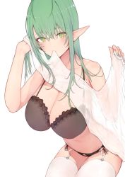 Rule 34 | 1girl, bare shoulders, blush, breasts, cleavage, closed mouth, collarbone, cowboy shot, crossed bangs, elf, garter belt, garter straps, grain, green eyes, green hair, hair between eyes, hands up, highres, holding, large breasts, long hair, looking at viewer, midriff, mouth hold, nail polish, navel, original, pointy ears, simple background, sleeveless, solo, thighhighs, white background, white thighhighs