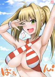 Rule 34 | 1girl, ahoge, arm up, armpits, bikini, blonde hair, blue sky, bracelet, breasts, cleavage, commentary request, criss-cross halter, day, earrings, fate/grand order, fate (series), green eyes, hair intakes, halterneck, highres, jewelry, large breasts, long hair, nero claudius (fate), nero claudius (fate) (all), nero claudius (swimsuit caster) (fate), one eye closed, open mouth, sidelocks, sky, smile, solo, spoken star, star (symbol), striped bikini, striped clothes, swimsuit, translation request, twintails, underboob, upper body, v over eye, yano toshinori