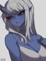 Rule 34 | 1girl, bare shoulders, blue oni, blue skin, breasts, cleavage, colored skin, eyeshadow, grey background, grey hair, hand up, horns, kimiko (zakusi), large breasts, long hair, makeup, oni, original, parted lips, red eyes, signature, simple background, single horn, solo, zakusi