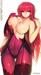 Rule 34 | 1girl, black legwear, blush, bodysuit, breasts, brown eyes, cameltoe, fate/grand order, fate (series), female focus, garter straps, highres, large breasts, long hair, looking at viewer, mukka, nipples, purple bodysuit, red hair, scathach (fate), scathach (fate), simple background, solo, torn bodysuit, torn clothes, twitter username, type-moon, white background