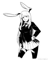 Rule 34 | 1girl, animal ears, blazer, breasts, collared shirt, cowboy shot, extra ears, greyscale, hand on own hip, hand on own thigh, highres, jacket, jpeg artifacts, long hair, long sleeves, looking at viewer, medium breasts, monochrome, necktie, pleated skirt, rabbit ears, reisen udongein inaba, ruukii drift, shirt, sidelocks, simple background, skirt, smile, solo, thighhighs, touhou, very long hair, watermark, white background, zettai ryouiki