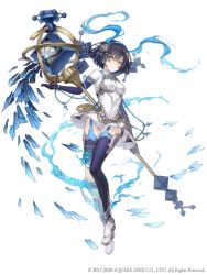 Rule 34 | 1girl, alice (sinoalice), blue hair, breasts, dark blue hair, dress, full body, hairband, highres, holding, holding staff, ji no, looking at viewer, medium breasts, official art, pocket watch, red eyes, short hair, single thighhigh, sinoalice, solo, square enix, staff, tattoo, thighhighs, watch, white background, white dress