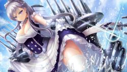 Rule 34 | 1girl, azur lane, belfast (azur lane), blue eyes, breasts, cannon, cleavage, clothes lift, curvy, female focus, gloves, hair ornament, highres, large breasts, long hair, long skirt, looking at viewer, maid, maid headdress, missile, outdoors, sanshi (sannshi 34), silver hair, skirt, skirt lift, sky, solo, standing, thighhighs, thighs, water, weapon, white gloves, white thighhighs
