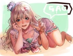 Rule 34 | 1girl, anchor, barefoot, blonde hair, blue eyes, blush, dress, elbow rest, fang, grecale (kancolle), hair between eyes, hat, headgear, heart, inusaka, kantai collection, long hair, lying, mini hat, open mouth, paw pose, sailor collar, sailor dress, solo, speech bubble, striped neckwear, white dress