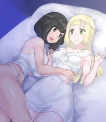 Rule 34 | 2girls, bare shoulders, bed sheet, bedroom, black eyes, black hair, blonde hair, blunt bangs, blush, breast press, breasts, cleavage, closed mouth, covered navel, creatures (company), game freak, green eyes, half-closed eyes, hand on another&#039;s stomach, hand on own stomach, happy, highres, large breasts, lillie (pokemon), long hair, lying, medium breasts, midriff, mizuumi (bb), multiple girls, navel, night, nightgown, nintendo, on back, on bed, open mouth, pajamas, panties, pillow, pokemon, pokemon sm, selene (pokemon), short hair, sleeveless, smile, stomach, swept bangs, tank top, thighs, underwear, yuri