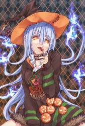 Rule 34 | 1girl, blue fire, burning hair, choker, finger in own mouth, fire, halloween, hat, hood, hoodie, jack-o&#039;-lantern, jewelry, long hair, long sleeves, looking at viewer, mumulatte, original, pointy ears, ring, solo, very long hair, witch hat, yellow eyes