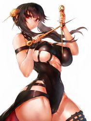 Rule 34 | 1girl, adapted costume, bare shoulders, black dress, black gloves, black hair, black leotard, black thighhighs, breasts, cameltoe, covered erect nipples, cowboy shot, curvy, dress, fingerless gloves, fumio (rsqkr), gloves, hairband, highleg, highleg leotard, highres, large breasts, leotard, looking at viewer, parted lips, red eyes, shiny skin, sidelocks, simple background, skindentation, solo, spy x family, standing, thighhighs, underboob, white background, wide hips, yor briar