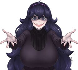 Rule 34 | 1girl, @ @, absurdres, ahoge, black dress, breasts, creatures (company), dismaiden, dress, game freak, hair between eyes, hairband, hex maniac (pokemon), highres, huge breasts, long hair, long sleeves, looking at viewer, matching hair/eyes, md5 mismatch, messy hair, nintendo, open mouth, pokemon, pokemon xy, purple eyes, purple hair, reaching, simple background, smile, solo, teeth, turtleneck, upper body, upper teeth only, white background