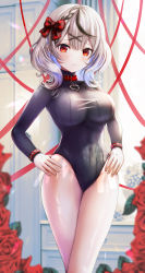 Rule 34 | 1girl, :/, absurdres, black hair, black leotard, black sweater, bow, braid, breasts, closed mouth, collar, covered navel, ear piercing, earrings, flower, furrowed brow, grey hair, hair bow, hands on own hips, heart pendant, highres, hololive, jewelry, large breasts, leotard, leotard sweater, medium hair, multicolored hair, multiple earrings, no pants, piercing, plaid, plaid bow, red collar, red eyes, red flower, red ribbon, red rose, ribbon, rose, sakamata chloe, solo, streaked hair, sweater, turtleneck, heattech leotard, turtleneck sweater, two-tone hair, virtual youtuber, wajuniorbox, wavy mouth, wristband