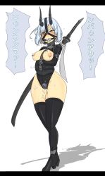 Rule 34 | 1girl, arms under breasts, ball gag, bdsm, black thighhighs, blue hair, blush, bondage, bound, bound arms, breasts, breasts out, captive bead ring, collar, drooling, gag, gagged, gatling raid, grey eyes, harness gag, high heels, highres, horns, looking at viewer, medium breasts, moaning, nipple piercing, nipple rings, nipples, oni horns, original, piercing, pussy juice, saliva, shadow, short hair, silver hair, slave, solo, speech bubble, straitjacket, sword, sword behind back, thighhighs, weapon