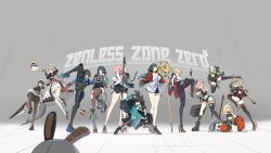 6+girls :o absurdres alexandrina_sebastiane anby_demara animal_ear_fluff animal_ears aqua_jacket arm_armor arm_behind_head arm_up astra_yao bangboo_(zenless_zone_zero) black_dress black_gloves black_hair black_necktie black_ribbon black_skirt blunt_bangs blunt_ends breasts brown_pantyhose burnice_white closed_eyes commentary_request copyright_name dress earrings ellen_joe english_text evelyn_chevalier fingerless_gloves floating_hair fox_ears fox_girl frilled_dress frilled_sleeves frills full_body glasses gloves hair_intakes hair_ribbon hairband high_heels highres holding holding_sword holding_weapon hoshimi_miyabi jacket jane_doe_(zenless_zone_zero) jewelry katana long_hair long_skirt long_sleeves looking_at_viewer looking_back making-of_available medium_breasts microphone miniskirt multicolored_dress multiple_girls music naginata necktie nicole_demara open_mouth pantyhose parted_lips pearl_choker pink_eyes pink_hair polearm ponytail pose_request red_dress red_eyes ribbon rimeye ring_hair_ornament semi-rimless_eyewear sheath shirt short_dress singing single_fingerless_glove skirt standing straight_hair sword thigh_strap tsukishiro_yanagi unsheathing very_long_hair weapon white_dress white_hairband white_ribbon white_shirt wide_sleeves zenless_zone_zero zhu_yuan