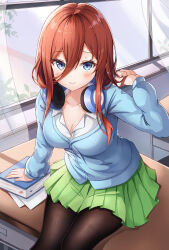 Rule 34 | 1girl, absurdres, black pantyhose, blue cardigan, blue eyes, book, breasts, brown hair, cardigan, cleavage, closed mouth, collarbone, desk, go-toubun no hanayome, green skirt, hair between eyes, hand up, headphones, headphones around neck, highres, large breasts, long hair, looking at viewer, nakano miku, neon (hhs9444), on desk, pantyhose, playing with own hair, pleated skirt, school uniform, shirt, sitting, skirt, smile, solo, white shirt, window