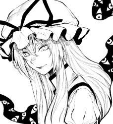 Rule 34 | 1girl, closed mouth, disembodied eye, from side, gap (touhou), greyscale, hair between eyes, hat, hat ribbon, iro marimo, long hair, looking at viewer, looking to the side, mob cap, monochrome, ribbon, slit pupils, solo, touhou, upper body, yakumo yukari