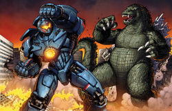 Rule 34 | american, assault visor, battle, blank eyes, cannon, chest cannon, city, claws, crossover, dan-the-artguy, destruction, directed-energy weapon, duel, energy, energy cannon, energy weapon, fire, gipsy danger, glowing, godzilla, godzilla (series), jaeger (pacific rim), kaijuu, legendary pictures, male focus, mecha, mechanical arms, monster, no humans, nuclear reactor, nuclear vortex turbine, open mouth, pacific rim, pan pacific defense corps, punching, robot, scales, science fiction, sharp teeth, sunset, tail, teeth, toho, tokusatsu, visor