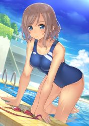 Rule 34 | 10s, 1girl, :/, all fours, arm support, bare arms, barefoot, blue eyes, blue sky, blue one-piece swimsuit, blush, breasts, brown hair, cloud, collarbone, competition swimsuit, day, goggles, unworn goggles, grey hair, highres, kame^^, looking at viewer, love live!, love live! sunshine!!, medium breasts, one-piece swimsuit, outdoors, pool, pool ladder, poolside, short hair, sky, solo, stairs, swimsuit, watanabe you, water, wet