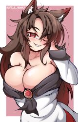Rule 34 | 1girl, absurdres, animal ears, blush, breasts, brown hair, cleavage, commentary, dress, english commentary, hand in own hair, highres, huge breasts, imaizumi kagerou, littlepengo, long hair, looking at viewer, mole, mole on breast, one eye closed, pink background, red eyes, sidelocks, simple background, solo, touhou, twitter username, upper body, white dress, wolf ears, wolf girl