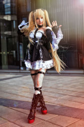 Rule 34 | 1girl, belt, blonde hair, blue eyes, boots, clothes, cosplay, dead or alive, dress, female focus, flat chest, full body, gothic lolita, highres, lace, lolita fashion, long hair, marie rose, non-asian, photo (medium), rocksylight, russian, russian (nationality), shoes, smile, solo, standing, tagme, twintails