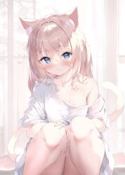 Rule 34 | 1girl, animal ear fluff, animal ears, bare legs, blonde hair, blue eyes, breasts, cat ears, cat girl, cat tail, hand on own knee, highres, medium hair, naked shirt, no pants, off shoulder, original, oversized clothes, oversized shirt, shirt, single bare shoulder, sitting, small breasts, solo, tail, ukiwakisen, white shirt