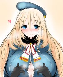 Rule 34 | 10s, 1girl, atago (kancolle), black gloves, blonde hair, blue eyes, blush, breasts, gloves, han (jackpot), hat, heart, huge breasts, jacket, kantai collection, military jacket, paizuri invitation, personification, smile, solo