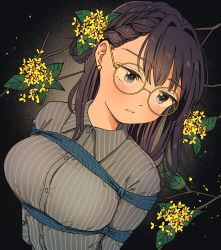 Rule 34 | 1girl, absurdres, bad id, bad pixiv id, bdsm, black background, bondage, bound, braid, breasts, brown hair, collared shirt, commentary request, commission, earrings, flower, glasses, grey shirt, highres, jewelry, large breasts, leaf, light blush, long sleeves, medium hair, miyama (kannsannn), original, parted lips, pinstripe pattern, pinstripe shirt, purple eyes, shibari, shibari over clothes, shirt, side braid, skeb commission, solo, striped, stud earrings, upper body, yellow flower