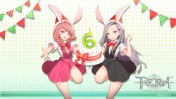 Rule 34 | 2girls, animal ears, arm up, artist request, black dress, braid, rabbit ears, cake, copyright name, dress, elin, food, grey hair, hat, highres, holding, long hair, multiple girls, open mouth, outstretched hand, pink dress, pink eyes, pink hair, shirt, smile, standing, standing on one leg, tera online, twin braids, twintails, very long hair
